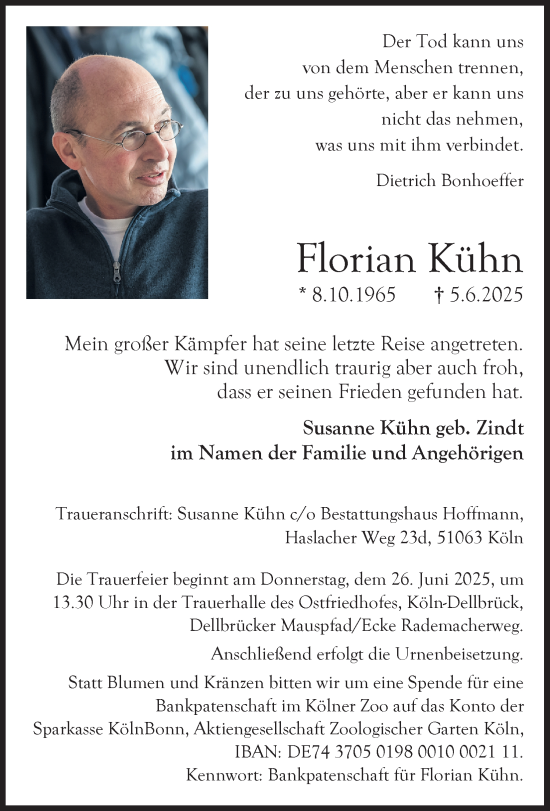 Anzeige von Florian Kühn von Kölner Stadt-Anzeiger / Kölnische Rundschau / Express