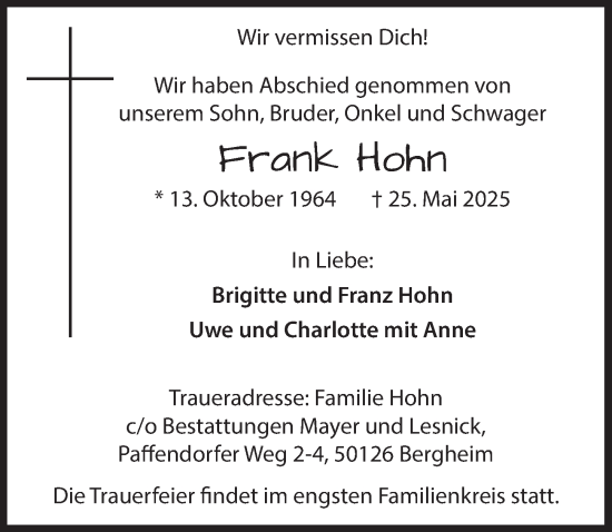 Anzeige von Frank Hohn von  Werbepost 