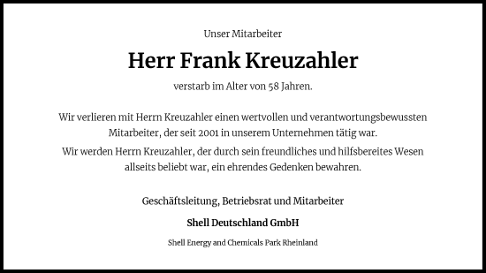 Anzeige von Frank Kreuzahler von Kölner Stadt-Anzeiger / Kölnische Rundschau / Express