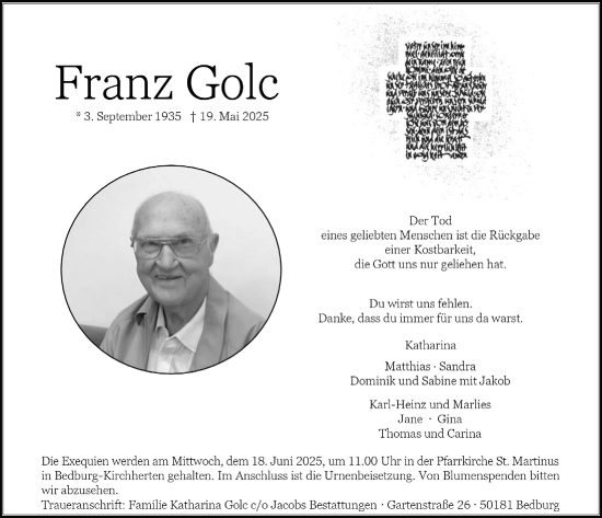 Anzeige von Franz Golc von  Werbepost 