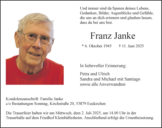 Anzeige von Franz Janke von  Blickpunkt Euskirchen 