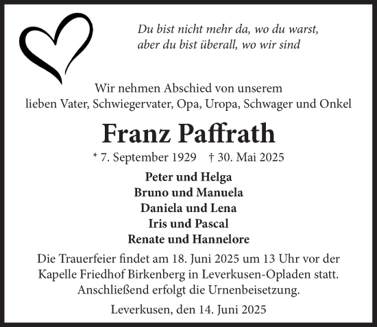 Anzeige von Franz Paffrath von  Lokale Informationen 