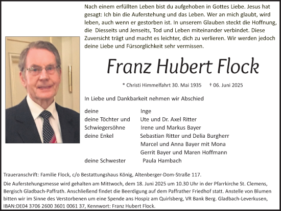 Anzeige von Franz Hubert Flock von Kölner Stadt-Anzeiger / Kölnische Rundschau / Express