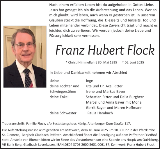 Anzeige von Franz Hubert Flock von  Bergisches Handelsblatt 