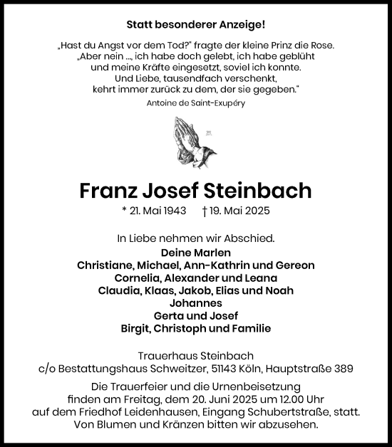 Anzeige von Franz Josef Steinbach von Kölner Stadt-Anzeiger / Kölnische Rundschau / Express