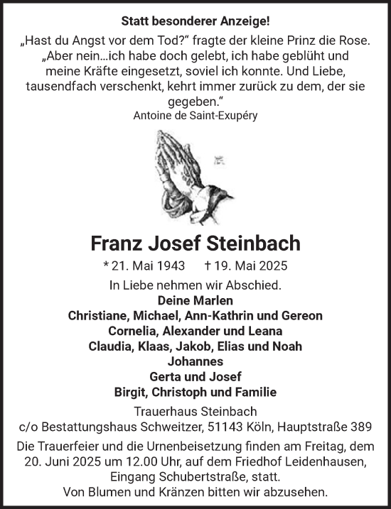 Anzeige von Franz Josef Steinbach von  EXPRESS - Die Woche  Anzeigen Echo 