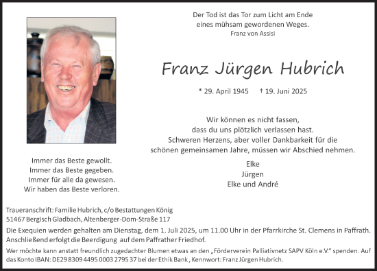Anzeige von Franz Jürgen Hubrich von Kölner Stadt-Anzeiger / Kölnische Rundschau / Express