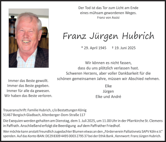 Anzeige von Franz Jürgen Hubrich von  Bergisches Handelsblatt 