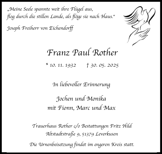 Anzeige von Franz Paul Rother von Kölner Stadt-Anzeiger / Kölnische Rundschau / Express