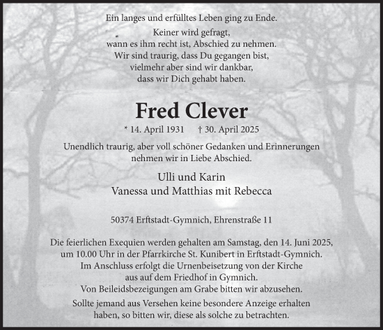 Anzeige von Fred Clever von  Werbepost 