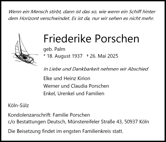 Anzeige von Friederike Porschen von Kölner Stadt-Anzeiger / Kölnische Rundschau / Express