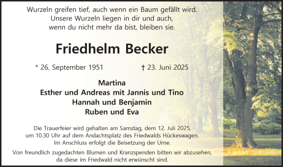 Anzeige von Friedhelm Becker von Kölner Stadt-Anzeiger / Kölnische Rundschau / Express