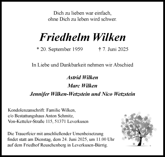 Anzeige von Friedhelm Wilken von Kölner Stadt-Anzeiger / Kölnische Rundschau / Express