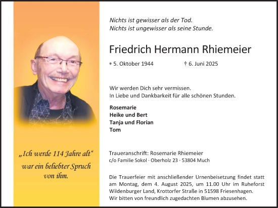 Anzeige von Friedrich Hermann Rhiemeier von Kölner Stadt-Anzeiger / Kölnische Rundschau / Express