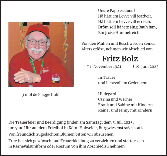 Anzeige von Fritz Bolz von Kölner Stadt-Anzeiger / Kölnische Rundschau / Express