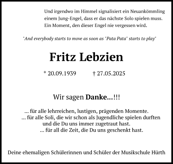Anzeige von Fritz Lebzien von Kölner Stadt-Anzeiger / Kölnische Rundschau / Express