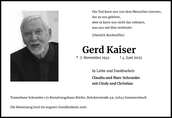 Anzeige von Gerd Kaiser von Kölner Stadt-Anzeiger / Kölnische Rundschau / Express