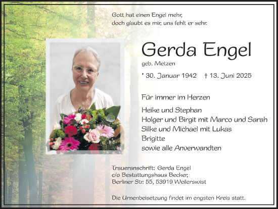 Anzeige von Gerda Engel von  Blickpunkt Euskirchen 
