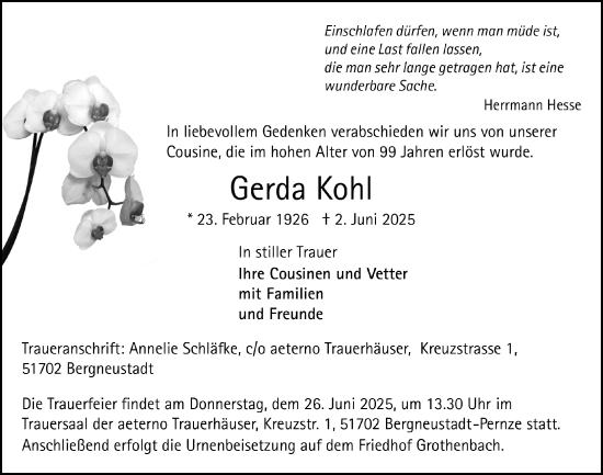 Anzeige von Gerda Kohl von  Anzeigen Echo 