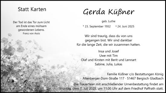 Anzeige von Gerda Küßner von Kölner Stadt-Anzeiger / Kölnische Rundschau / Express