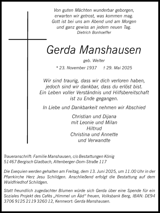 Anzeige von Gerda Manshausen von Kölner Stadt-Anzeiger / Kölnische Rundschau / Express
