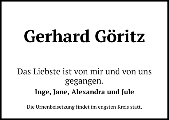 Anzeige von Gerhard Göritz von Kölner Stadt-Anzeiger / Kölnische Rundschau / Express