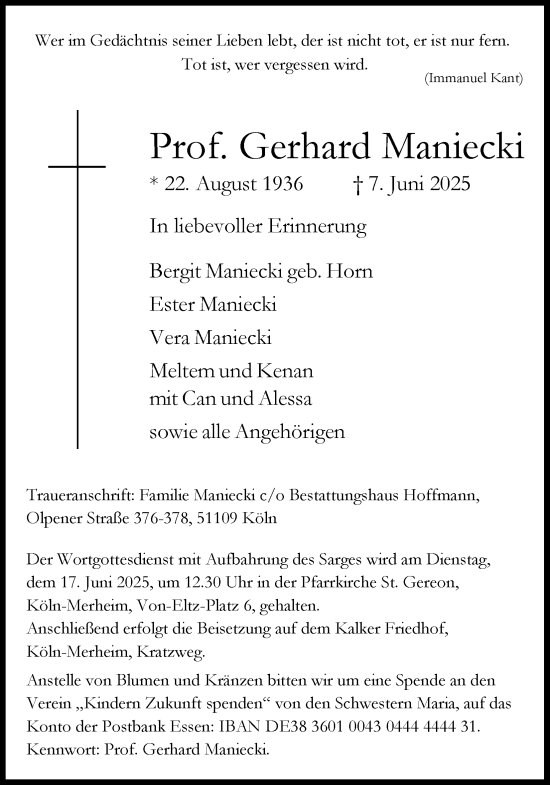 Anzeige von Gerhard Maniecki von Kölner Stadt-Anzeiger / Kölnische Rundschau / Express