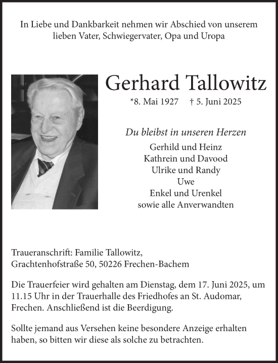 Anzeige von Gerhard Tallowitz von  Wochenende 