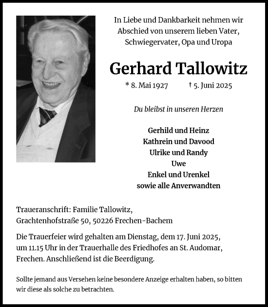 Anzeige von Gerhard Tallowitz von Kölner Stadt-Anzeiger / Kölnische Rundschau / Express