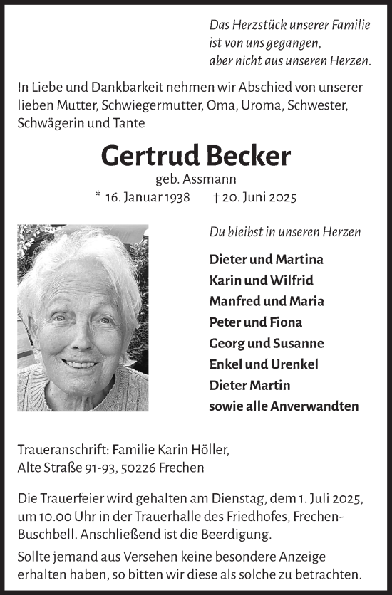 Anzeige von Gertrud Becker von  Wochenende 