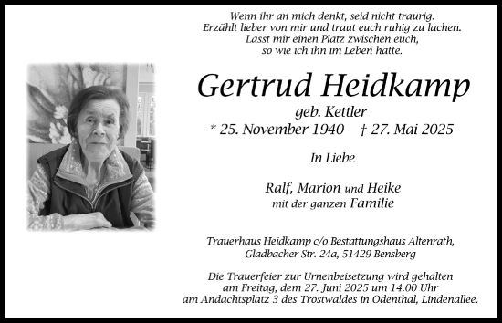 Anzeige von Gertrud Heidkamp von  Bergisches Handelsblatt 