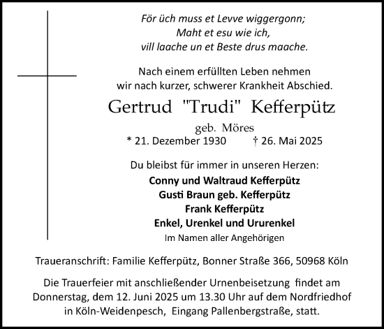 Anzeige von Gertrud Kefferpütz von Kölner Stadt-Anzeiger / Kölnische Rundschau / Express