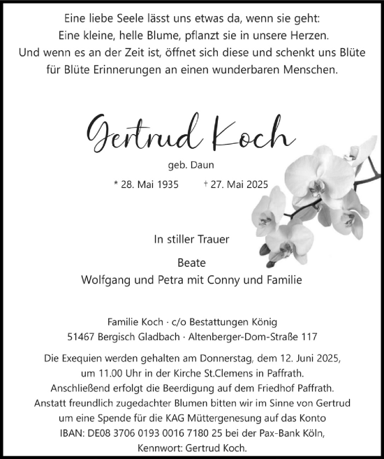 Anzeige von Gertrud Koch von  Bergisches Handelsblatt 