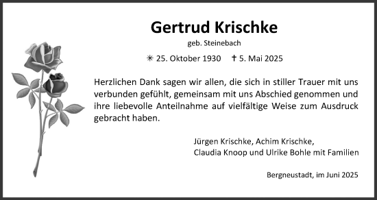 Anzeige von Gertrud Krischke von Kölner Stadt-Anzeiger / Kölnische Rundschau / Express