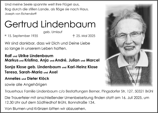 Anzeige von Gertrud Lindenbaum von  Schlossbote/Werbekurier 