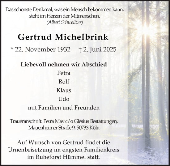 Anzeige von Gertrud Michelbrink von  EXPRESS - Die Woche 