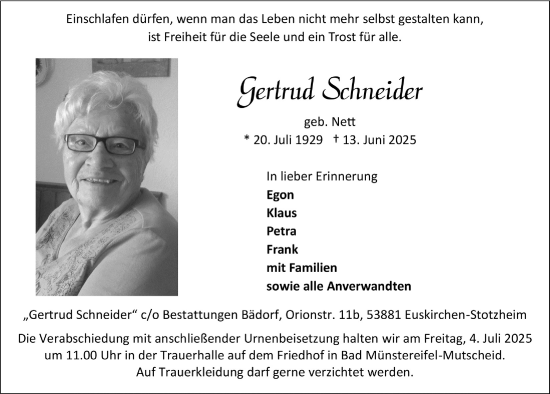 Anzeige von Gertrud Schneider von  Blickpunkt Euskirchen 