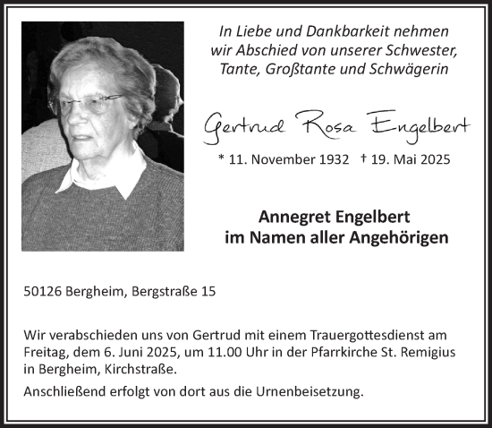 Anzeige von Gertrud Rosa Engelbert von  Werbepost 