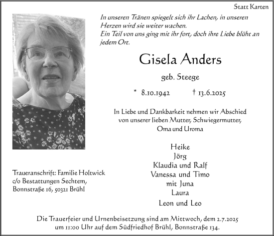 Anzeige von Gisela Anders von  Schlossbote/Werbekurier 