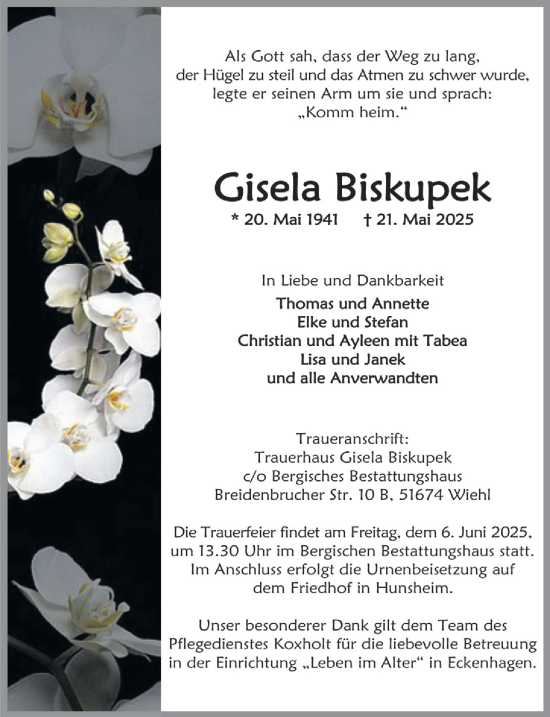 Anzeige von Gisela Biskupek von  Anzeigen Echo 