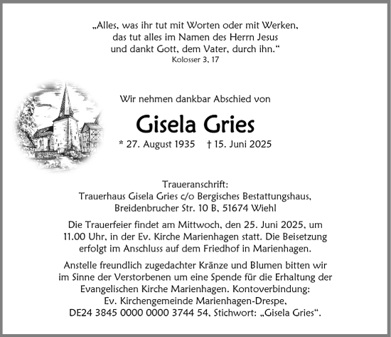 Anzeige von Gisela Gries von  Anzeigen Echo 