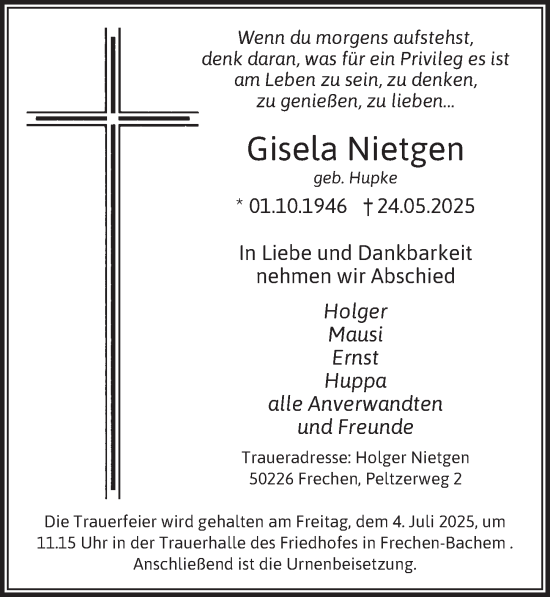 Anzeige von Gisela Nietgen von  Wochenende 