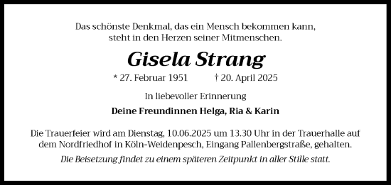 Anzeige von Gisela Strang von Kölner Stadt-Anzeiger / Kölnische Rundschau / Express