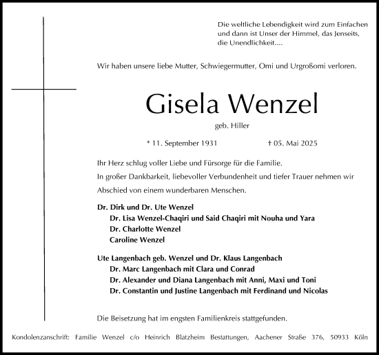 Anzeige von Gisela Wenzel von Kölner Stadt-Anzeiger / Kölnische Rundschau / Express