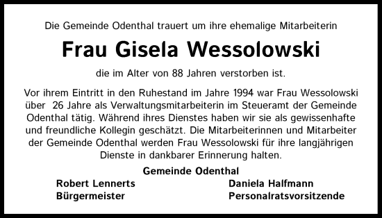 Anzeige von Gisela Wessolowski von Kölner Stadt-Anzeiger / Kölnische Rundschau / Express