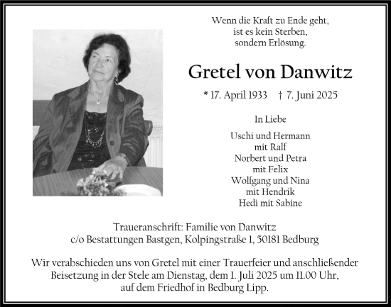 Anzeige von Gretel von Danwitz von  Werbepost 