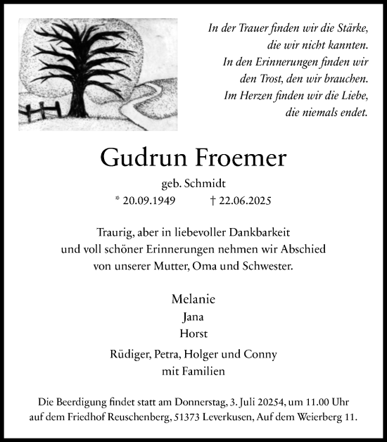 Anzeige von Gudrun Froemer von Kölner Stadt-Anzeiger / Kölnische Rundschau / Express