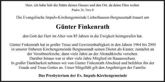 Anzeige von Günter Finkenrath von Kölner Stadt-Anzeiger / Kölnische Rundschau / Express