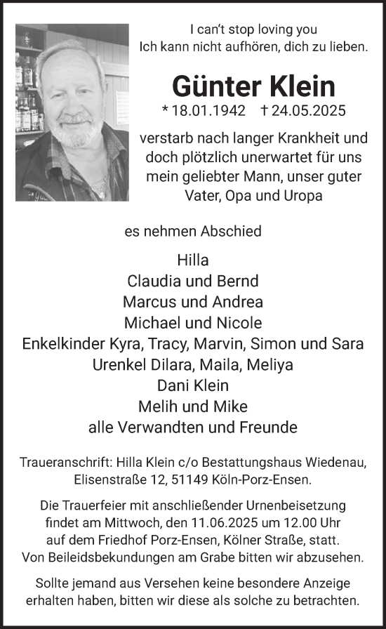 Anzeige von Günter Klein von  EXPRESS - Die Woche 