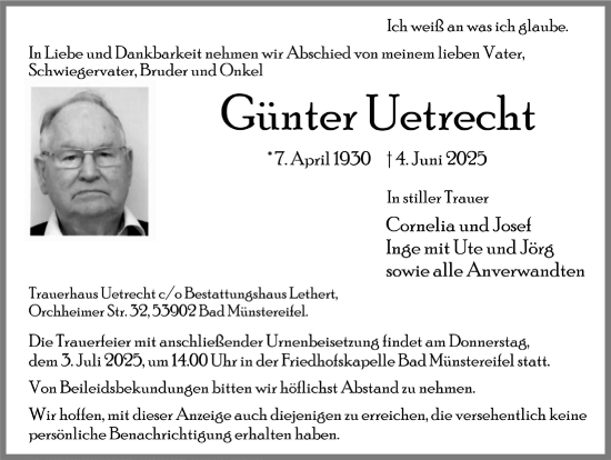 Anzeige von Günter Uetrecht von  Anzeigen Echo 